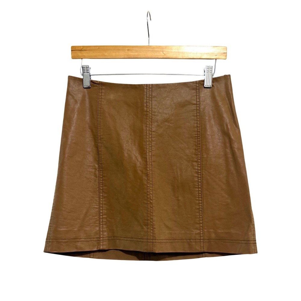 Free People Modern Femme Vegan Leather Mini Skirt Tan Brown Size 6 Seam Detail